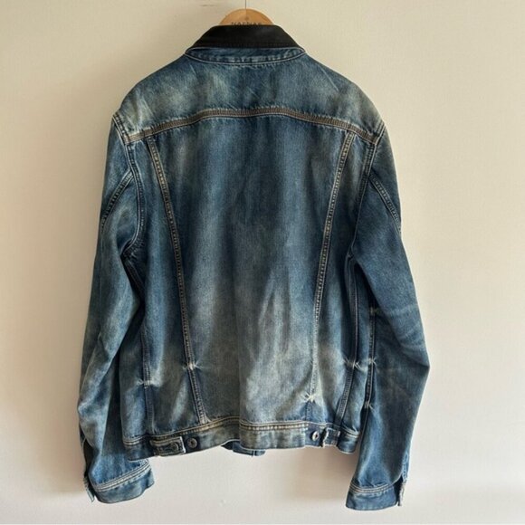 DIESEL Elshar Denim Distressed Jacket Blue Cow Leather Collar Biker - Picture 6 of 15